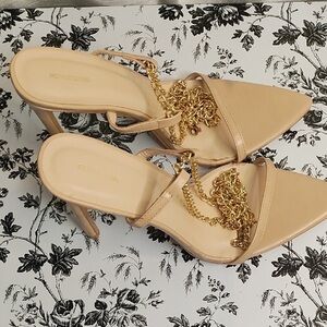 PrettyLittleThing Beige Pointed Stiletto Mules with Gold Chain